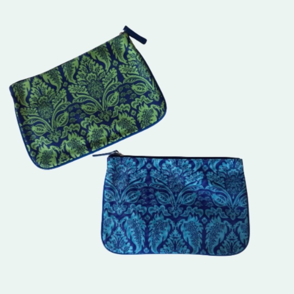 Set of 2 Woven Damask Zip Pouches Makeup Bag Travel Organizer Blue Green Boho